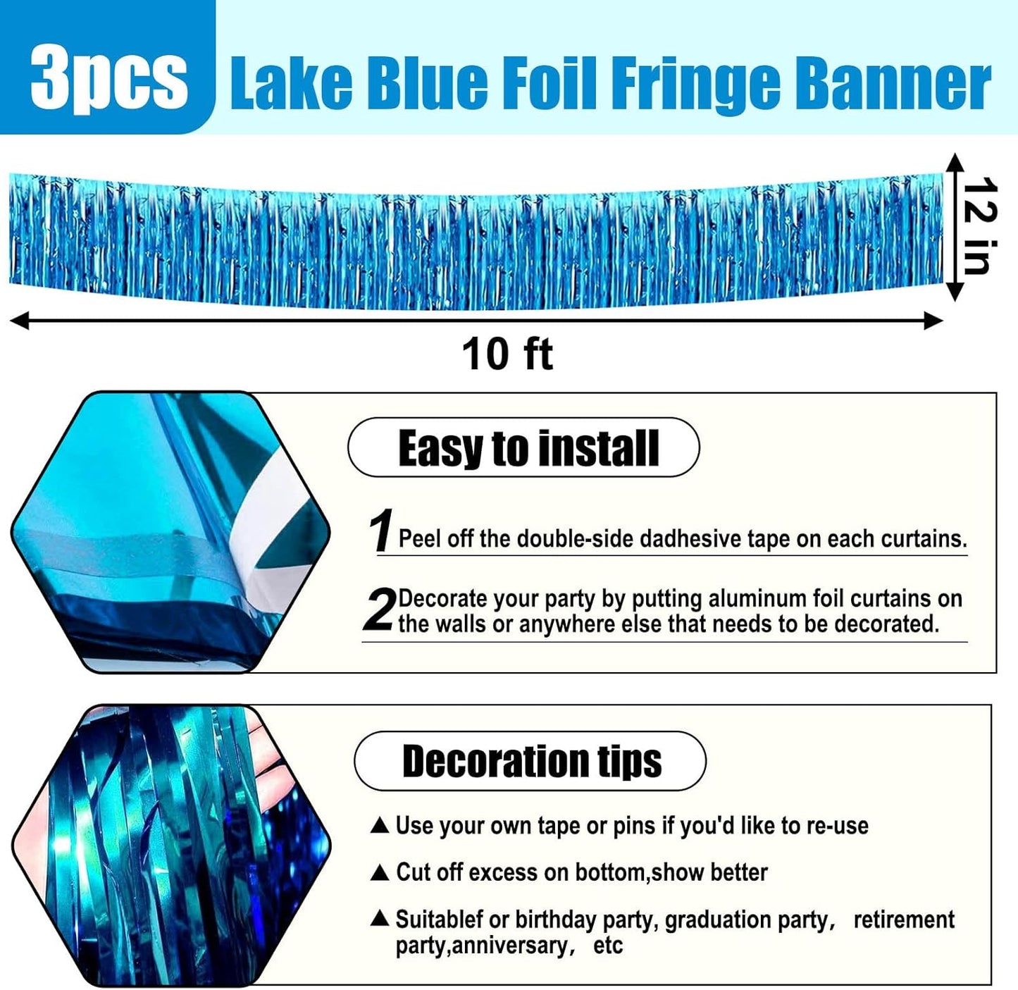 3 Pack 10 Long Lake Blue Metallic Foil Fringe Garland Wall Hanging Tassle Banner, Mother's Day, Easter, Parade Floats, Birthday, Theme Party, Wedding Party Decorations