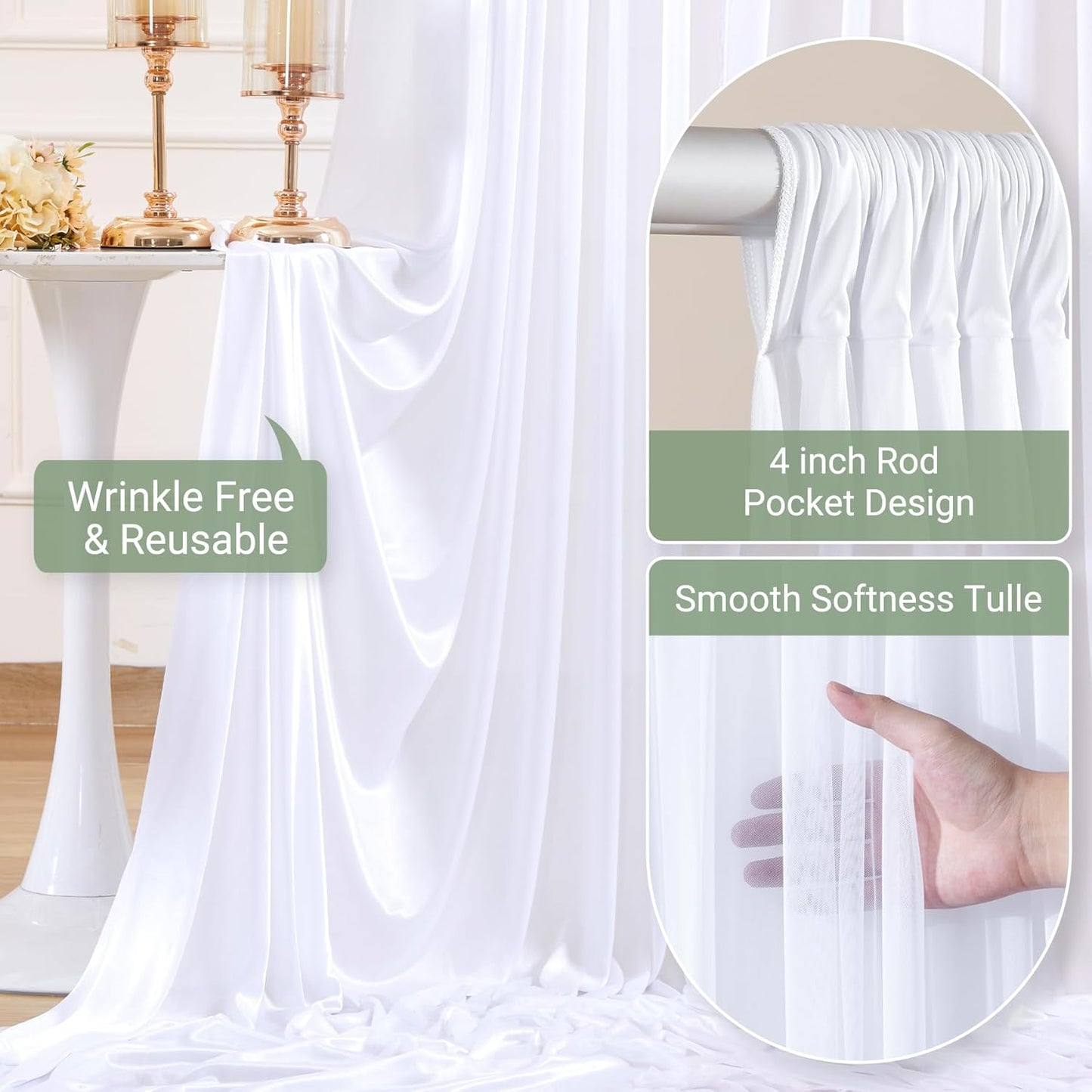 White Tulle Backdrop Curtain for Parties Wedding,5ft x 10ft Wrinkle Free Curtain Backdrop,2 Layer Drapes for Backdrop,Polyester Wedding Back Drop for Bridal Shower Birthday Baby Shower Photography