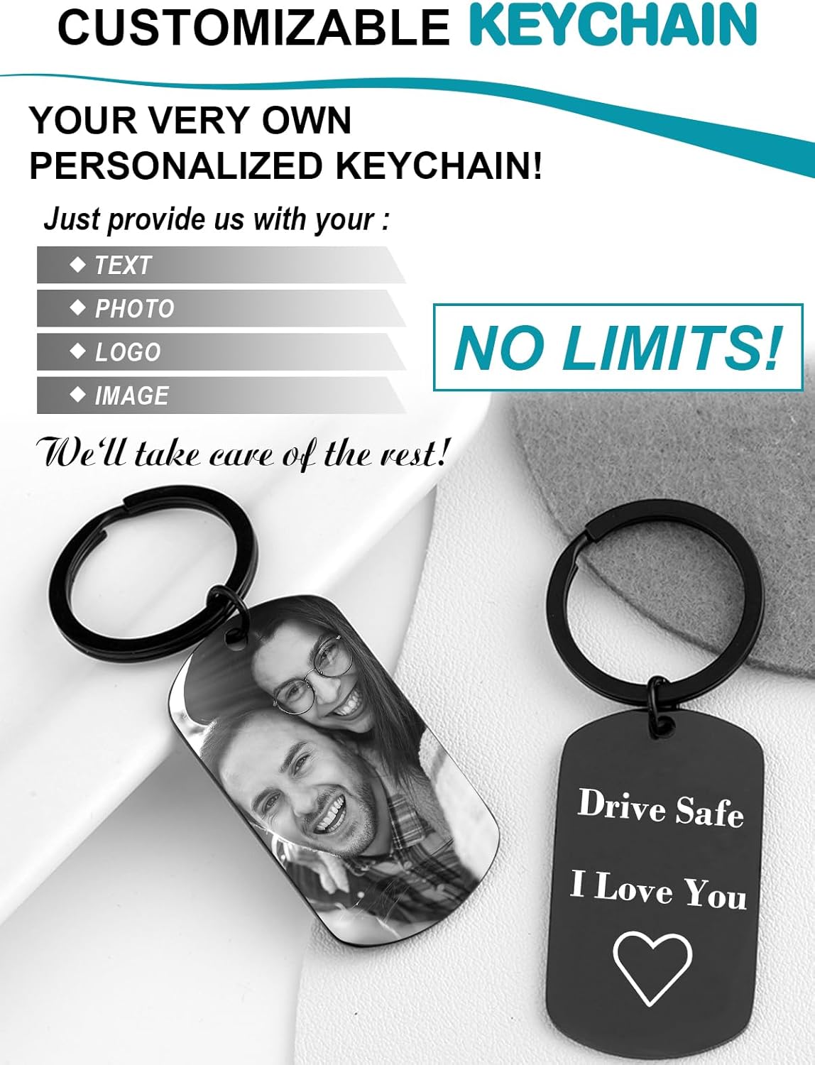 Custom Keychain with Picture - Personalized Photo LOGO Text Customized Key Chain for Boyfriend Dad Men Gifts