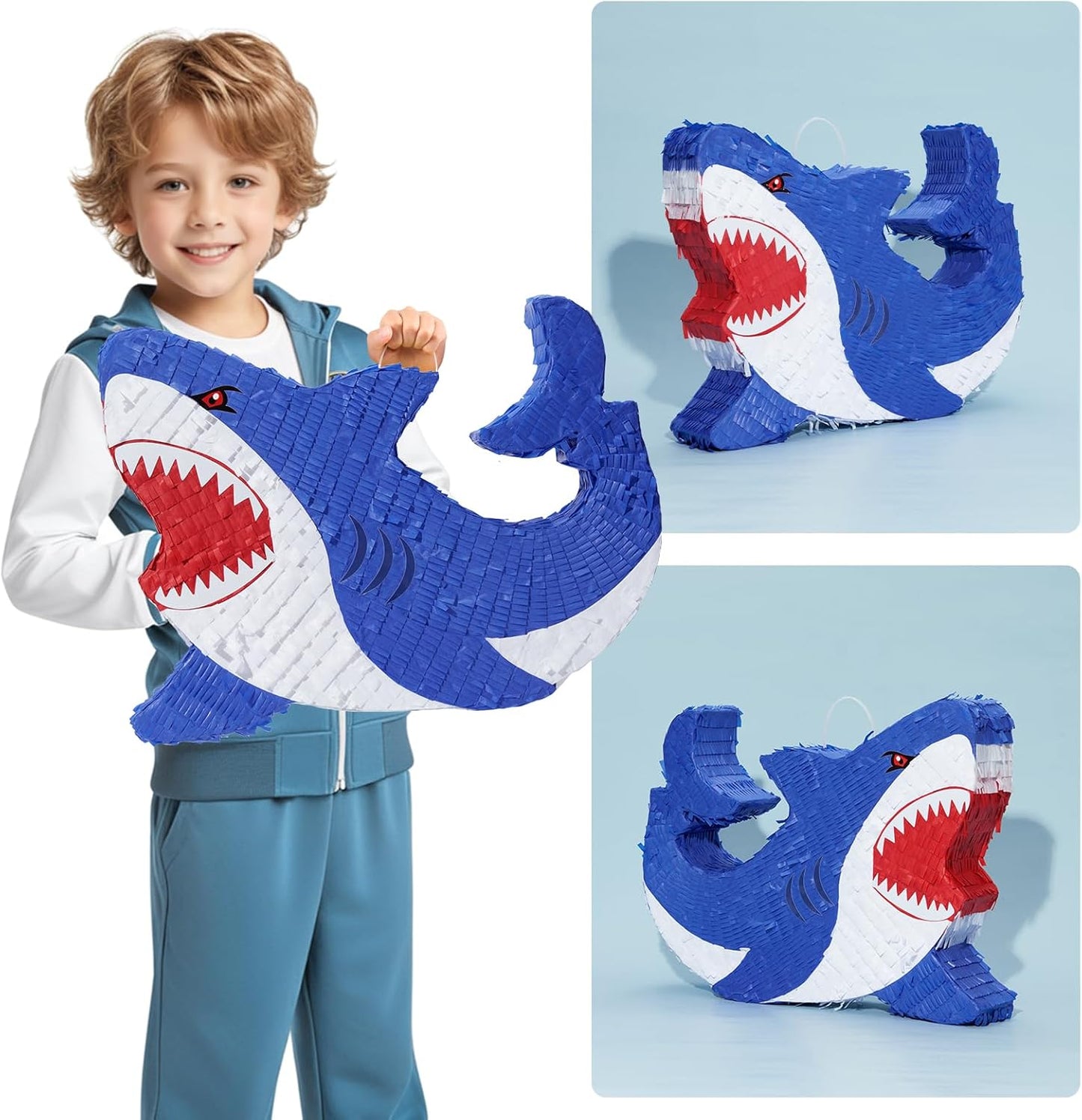 WERNNSAI Shark Piñata - Ocean Shark Birthday Party Decorations Kids Boys Pinata with Blindfold and Bat for Under the Sea Party Supplies Baby Shower Birthday Game Set