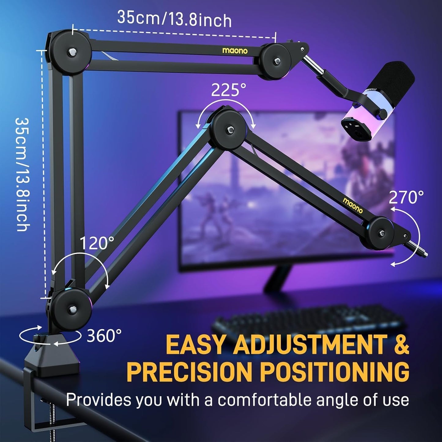 MAONO Microphone Boom Arm: Heavy Duty Adjustable Metal Suspension mic stand with Upgraded Desk Clamp and 3/8" to 5/8" Screw Adapter for Podcasting Recording Streaming Gaming - BA37