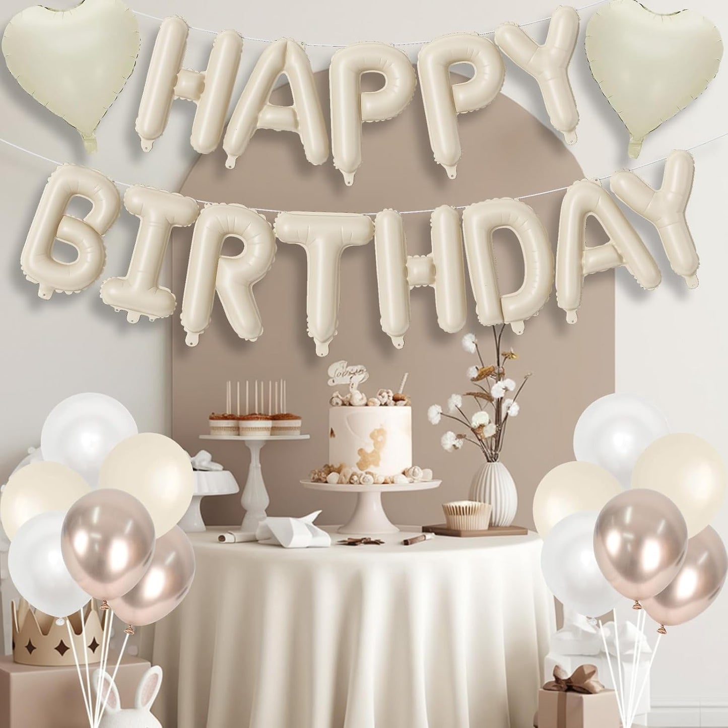 Happy Birthday Balloon Banner Cream, 16 Inch Beige Mylar Letters Heart Foil Balloons Pearl White Sand White Metallic Champagne Gold Balloons Boho Neutral Birthday Decorations for Girls Women Boy Men