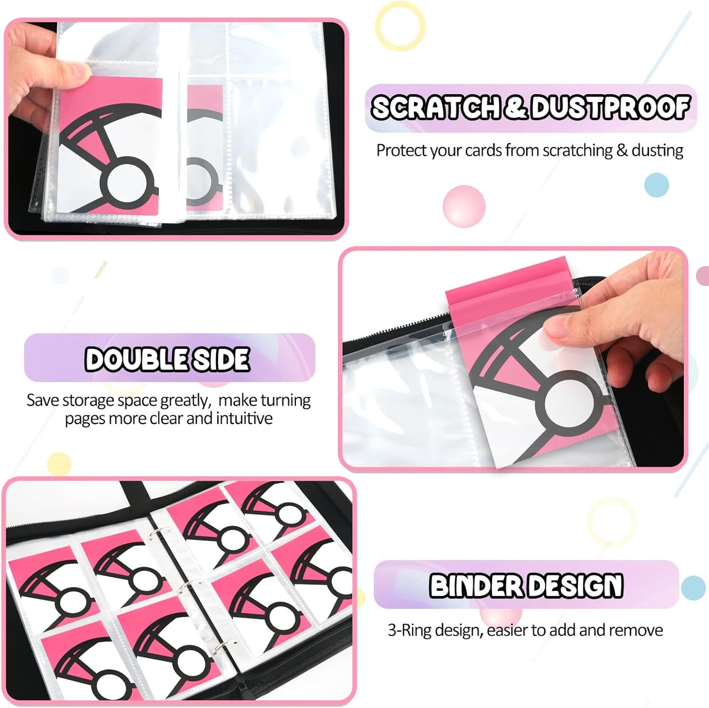 Trading Card Binder 4-Pockets, 400 Pockets Card Holder with 50 Removable Sleeves, Large Capacity & Waterproof Zipper Album Holder for Trading Card Collector，Portable Card Album Book for Card-Pink