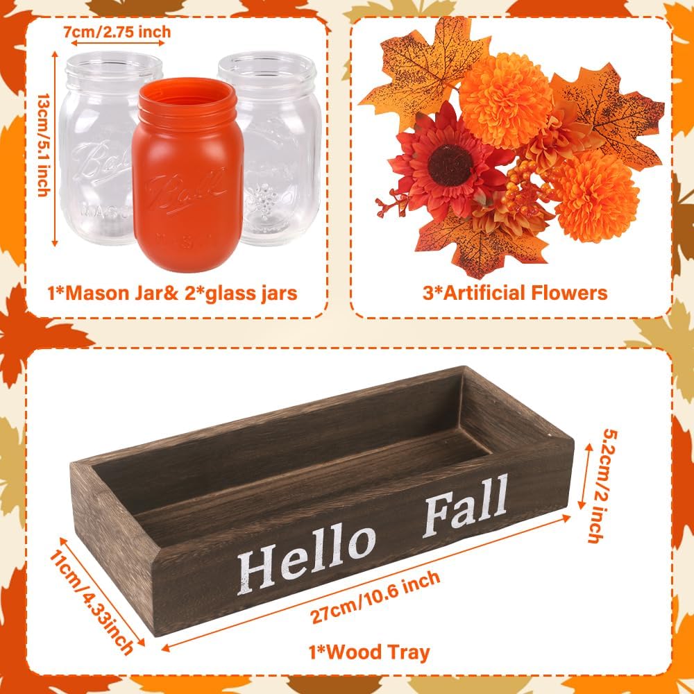 DIYDEC 3PCS Fall Mason Jars 3 * 5Inch Lighting Painted Thanksgiving Tiered Tray Decorative Jars with Wood Tray &Artificial Flowers Wishing Bottles for Autumn Holiday Home Table Centerpiece Decor Gift