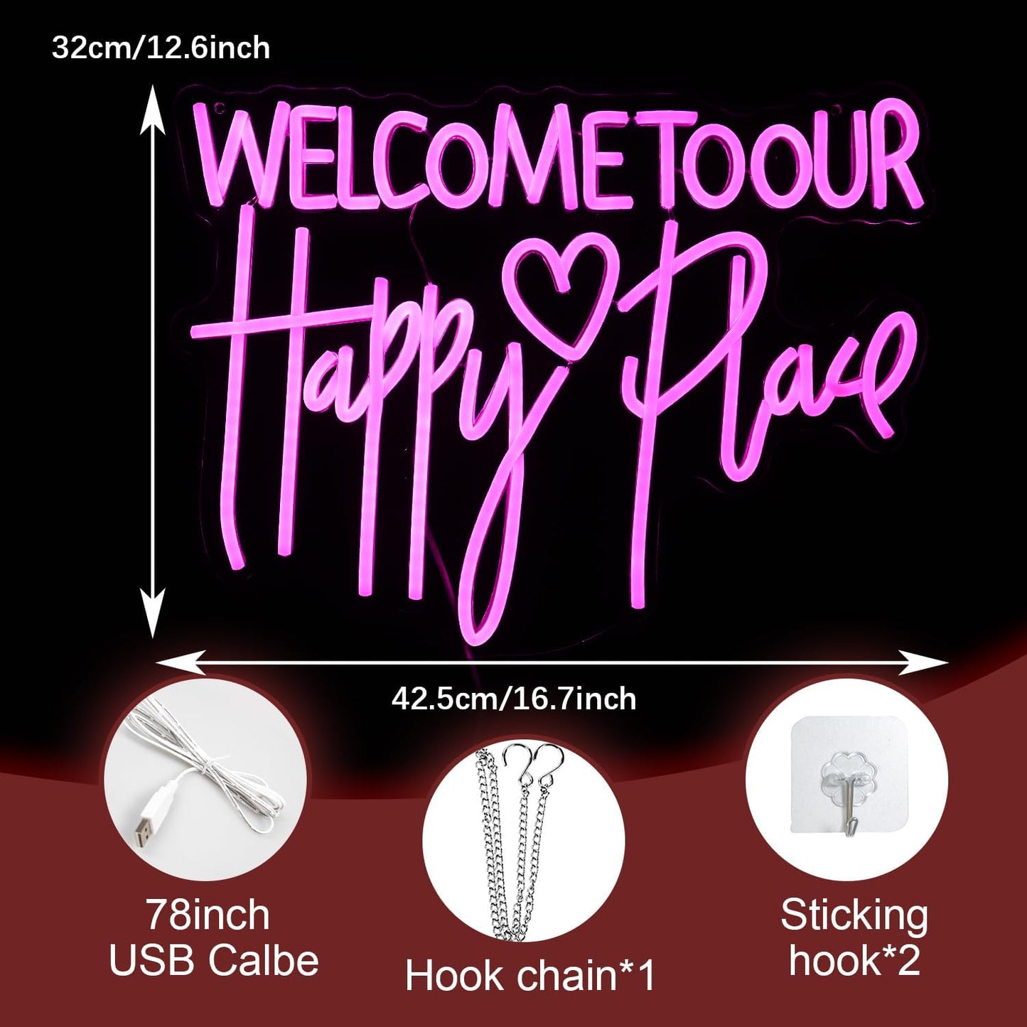 Welcome To Our Happy Place Neon Sign LED Pink Our Happy Place Neon Light With USB for Wall Decor Dimmable Happy Letters Light Up Sign for Bedroom Wedding Party Home Decor (16.7 * 12.6In)