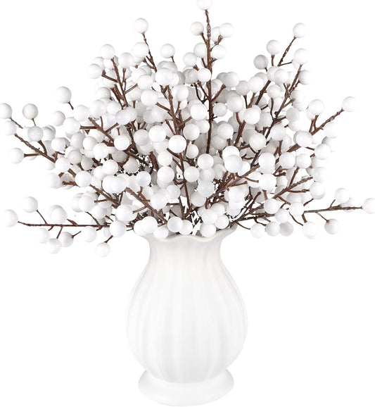 40 Pcs Artificial Berry Stems Branches, Christmas White Faux Holly Berries Picks Ornaments for Christmas Tree Wreath DIY Craft Decorations Holiday Home Decor (40, White)