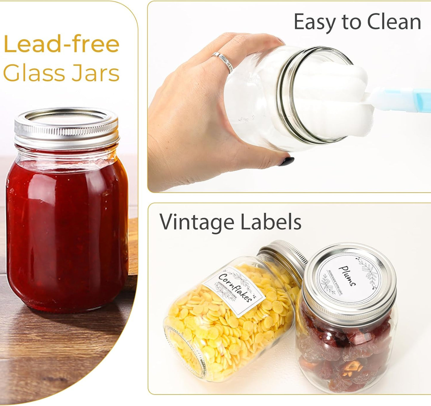 CycleMore 16 oz Mason Jars With Airtight Lids and Brands 15 Pack Glass Canning Jars with Regular Mouth, Pint Clear Glass Jar For DIY Projects, Food Storage and Fermenting with Brush & 24 Labels