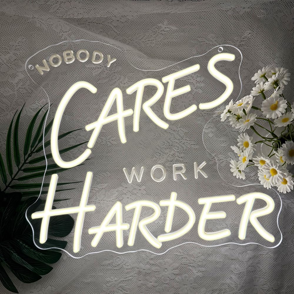 Nobody Cares Work Harder Neon Sign,Motivational Dimmable LED Light Signs for Wall Art Decor,Backdrop for Office Study Room Gym Bedroom Man Cave,Gift for Teen USB Powered（13.8"*11.9"）