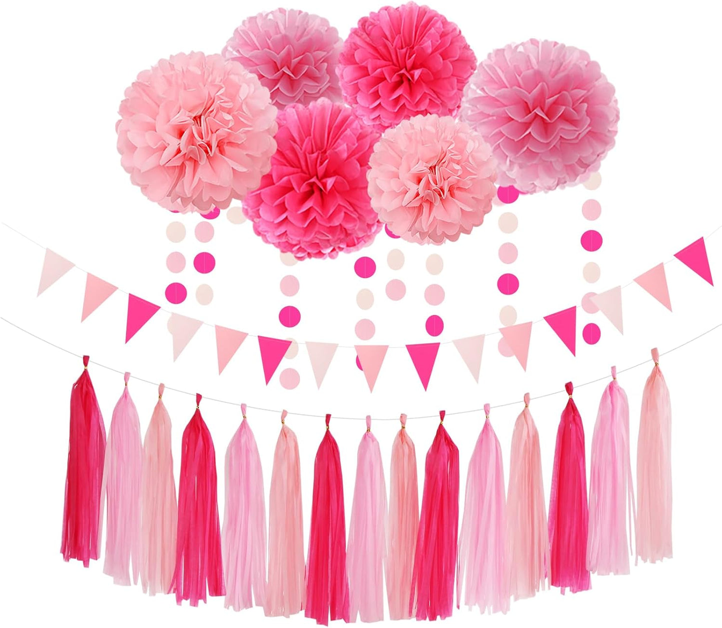 Rose Hot Pink Party Decorations - 23pcs Girl Birthday Baby Shower Tissue Pom Poms Streamers, Bachelorette Bridal Wedding Engagement Supplies Tassel Garland Banner, Favors Decor Ouruola