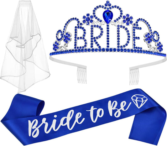 JETKONG 3 Pcs Bachelorette Party Decorations "BRIDE" Crown, Bride to Be Sash&Veil for Women Bachelorette Party Gifts, Bridal Shower Supplies, Gifts, Favors (Dark Blue)
