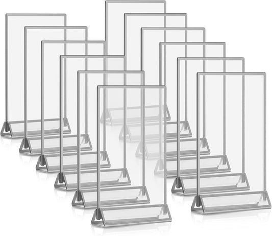Blulu 12 Pack Acrylic Sign Holder Double Sided Picture Frame Wedding Table Number Stands with Border and Vertical Clear Display Menu Holders for Wedding Party Restaurant(4 x 6 Inch,Silver)