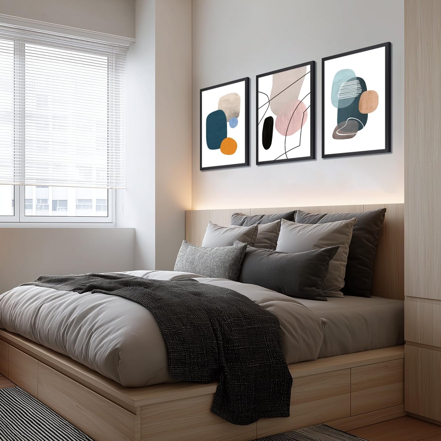 IAFWZX Wood Framed Abstract Geometric Wall Art, Orange Blue Beige Color Block Wall Decor, Modern Minimalist Canvas Painting, Neutral Boho Colorful Geometric Aesthetic Picture for office 16"x24"x3