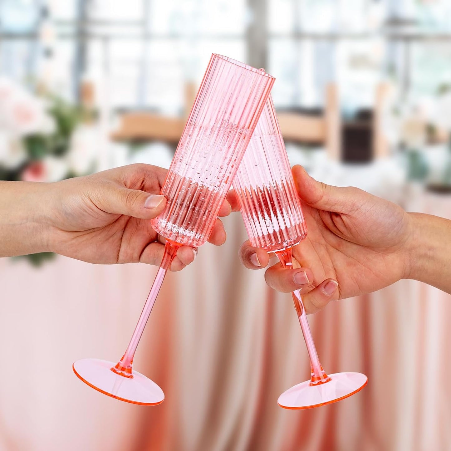 Ciaell 24 Pack Pink Plastic Champagne Flutes - 6oz Ribbed Disposable Champagne Glasses - Pink Vintage Mimosa Glasses with Long Stem, Elegant & Lightweight for Weddings and Party