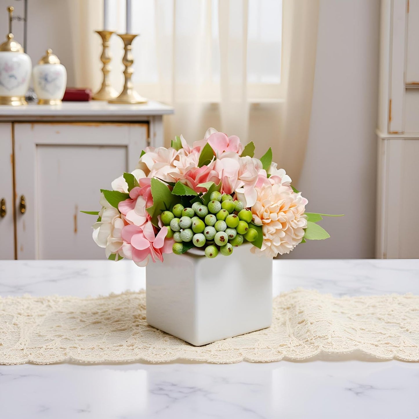 LADADA Artificial Hydrangea Flower Arrangement in Ceramic Vase and Vase Home Decoration Artificial Flower (Pink)