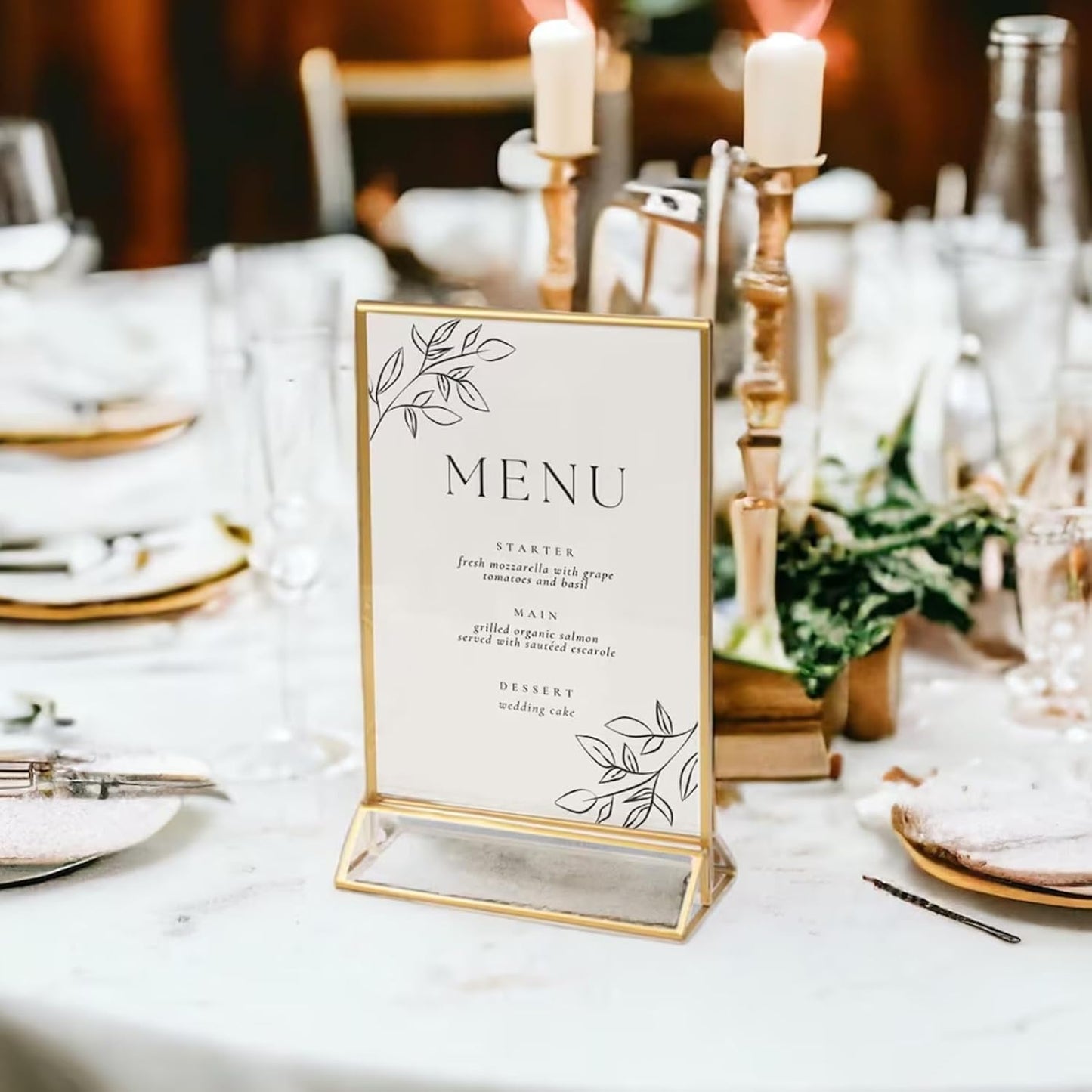 HOODO 8 Pack 5x7 Acrylic Table Number Holders with Golden Border, Double-Sided Clear Acrylic Sign Holder Gold Picture Frames Sign Holder, Vertical Stand (5"x7"-8 Pack)