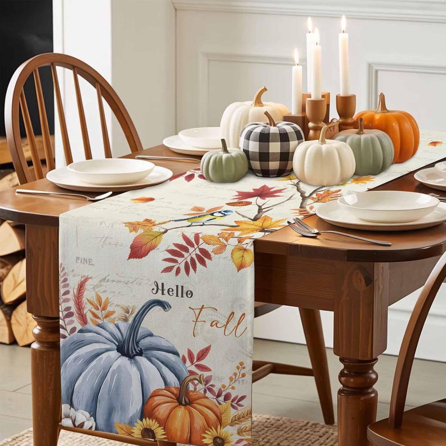 Thanksgiving Fall Cotton Linen Table Runner for Dining Kitchen, Blue Pumpkins Rustic Wedding Outdoor Party Autumn Tablerunners Decoration, Leaves Dresser Scarf Coffee Tablecloth Runners 13x120 Inches