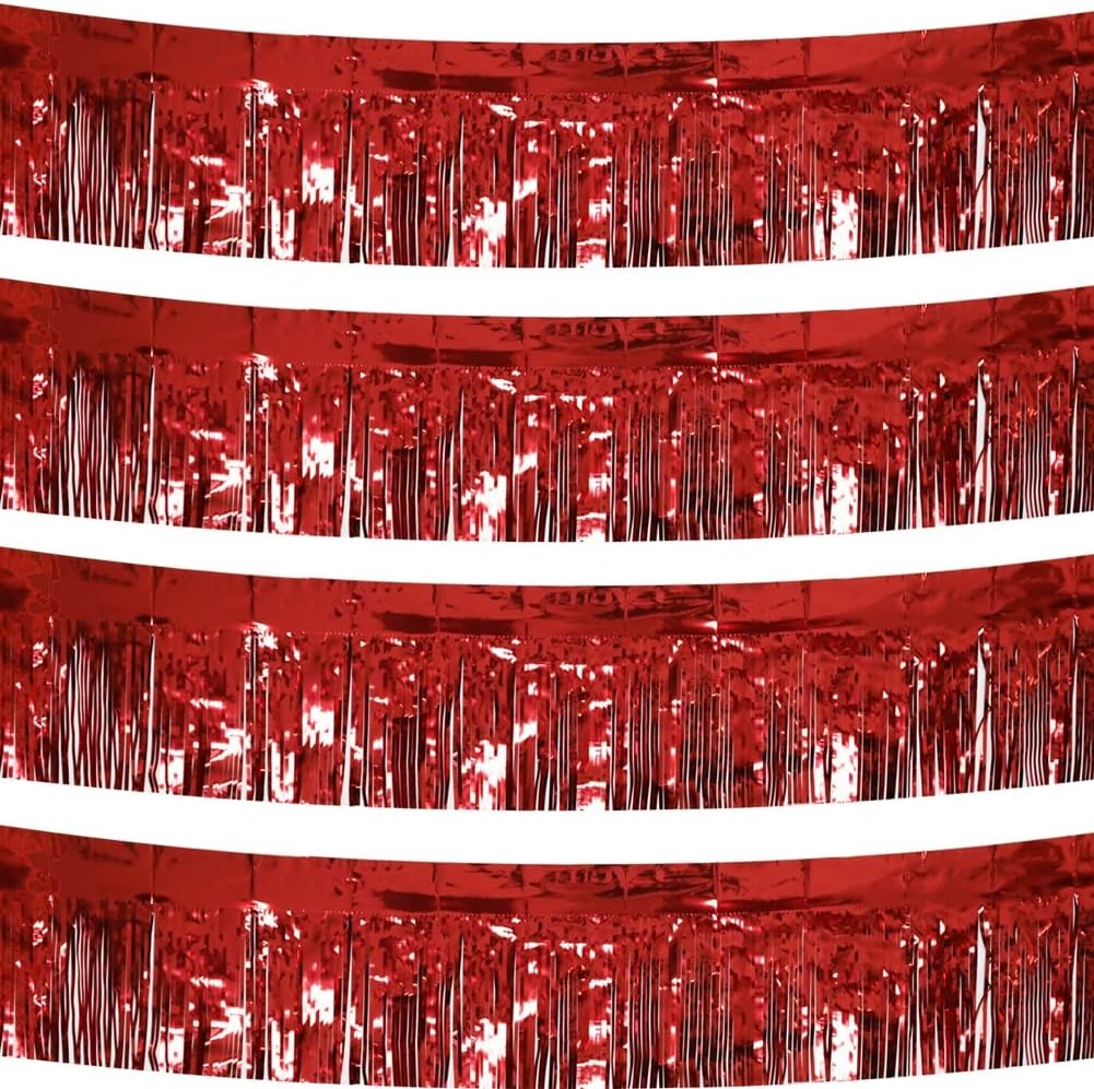 4 Pack Total 40 Feet Foil Fringe Garland Metallic Wall Hanging Drapes Tassel Skirting Tinsel Streamers Decorations for Parade Float Trailer Mardi Gras Party Birthday Wedding (Red)