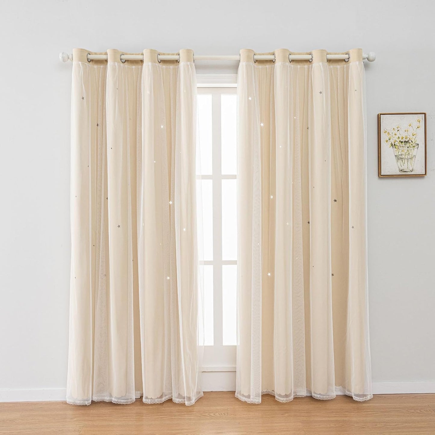 FANLI 2 Panels Star Blackout Curtains for Kid Girls Bedroom Living Room Darking Stripe Double Layer Star Cut Out Wall Home Decor Gradient Grommet Window Curtains (Beige 84L)