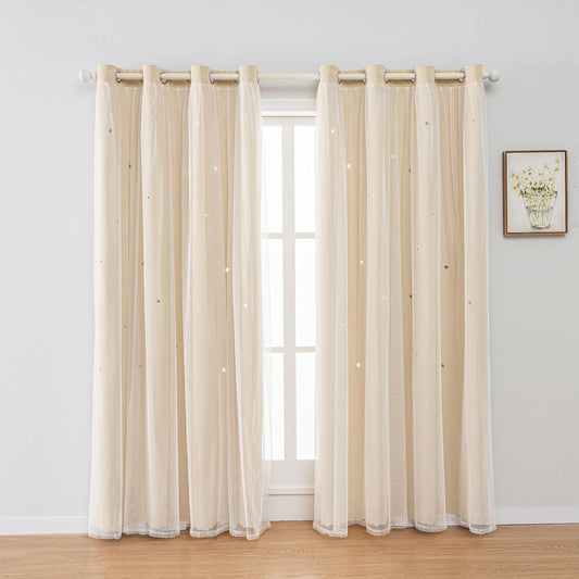FANLI 2 Panels Star Blackout Curtains for Kid Girls Bedroom Living Room Darking Stripe Double Layer Star Cut Out Wall Home Decor Gradient Grommet Window Curtains (Beige 95L)