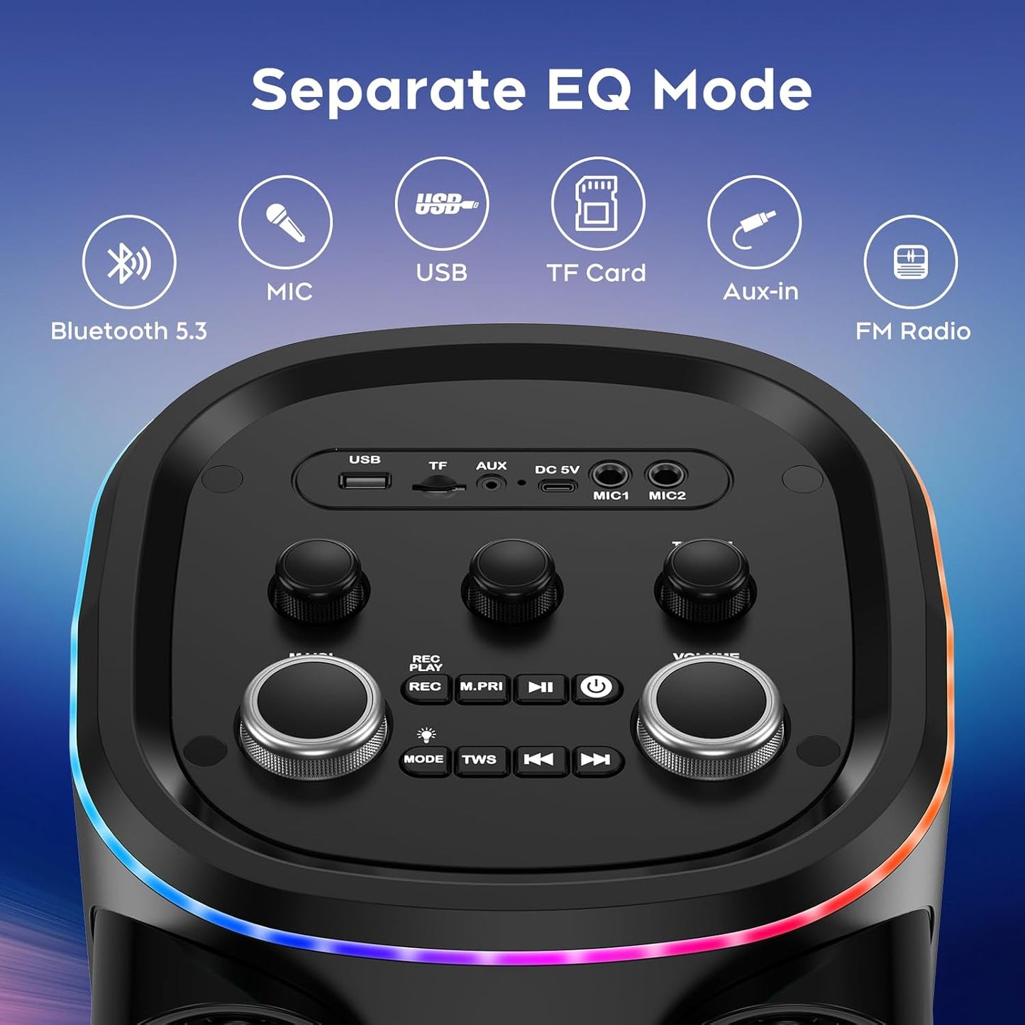 25.9''Karaoke Machine with Two Wireless Microphones and Dynamic Party Lights, Outdoor Bluetooth Speaker with 8” Woofer Wireless with Party Speaker,Speakers Support Bi-Amping(Stage Monitors)