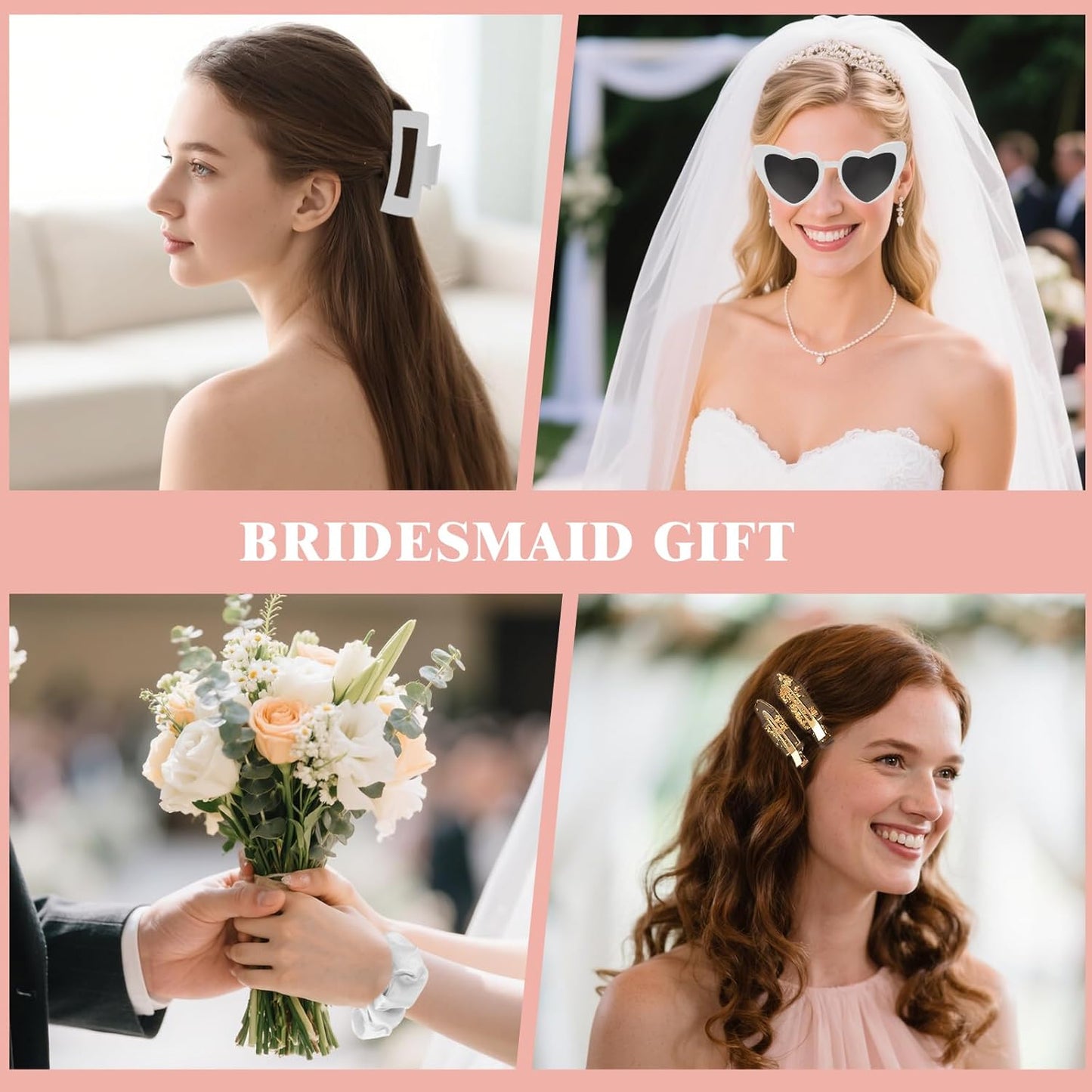 White Bridesmaid Proposal Gift Set, 8PCS Hair Claw, Scrunchies, Makeup Clips & Heart Sunglasses – Elegant Gift for Wedding Party Favors, Maid of Honor, Girls and Teen Birthday Gifts