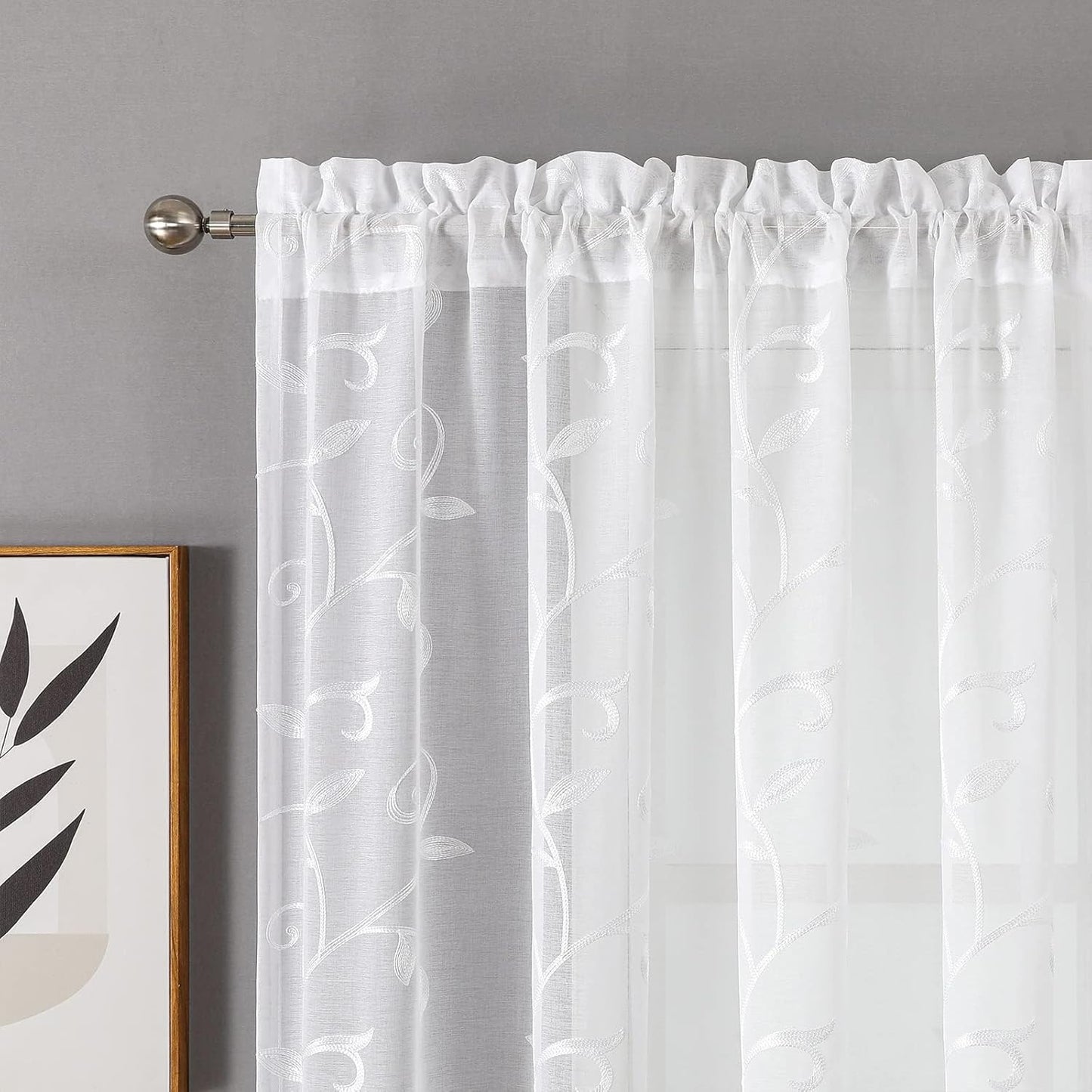 VISIONTEX Sheer Curtains 120 inch Length 2 Panels Set, White Voile Crushed Vine Leaves Embroidery, Rod Pocket Embroidered Window Drapes for Living Room and Bedroom, 54" x 120"