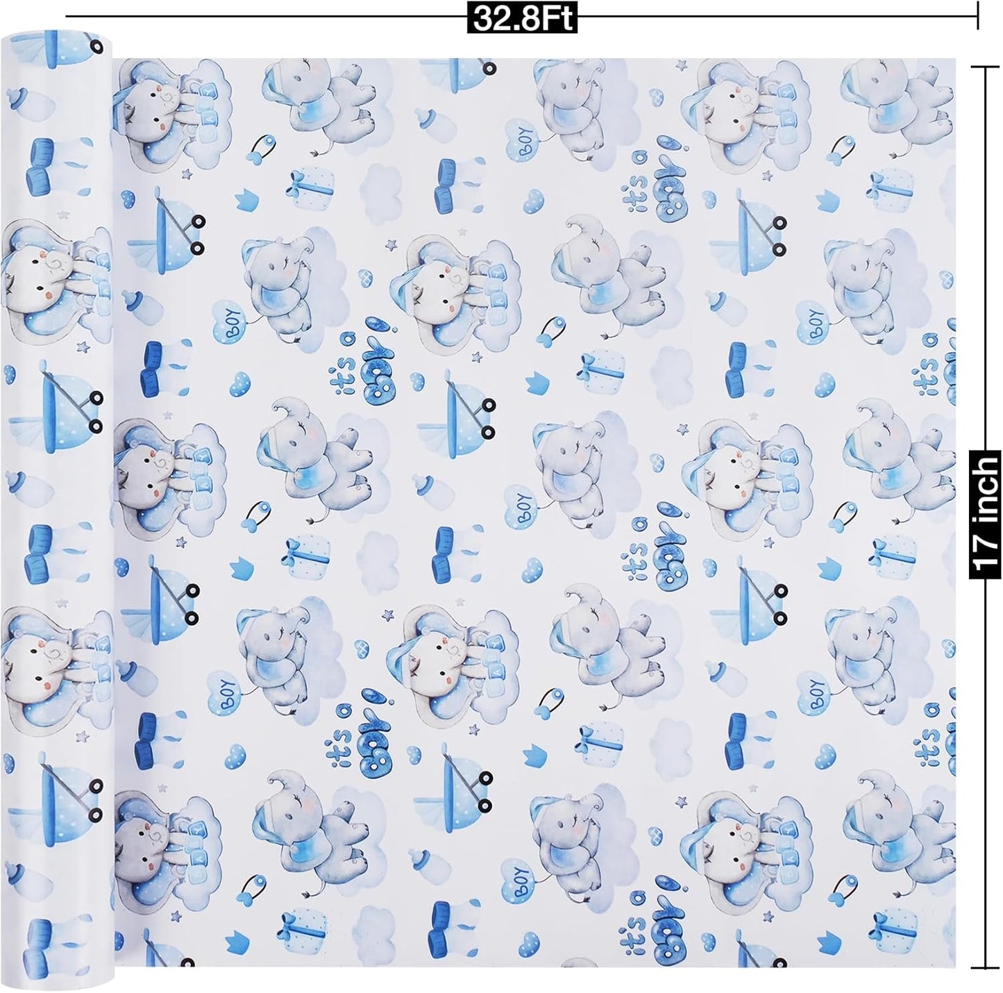 Aimyoo Blue Baby Shower Wrapping Paper Roll - 17 Inch X 32.8 Feet - Cute Elephant with It‘s A Boy Letter Design Perfect for Boys, Birthday, Party