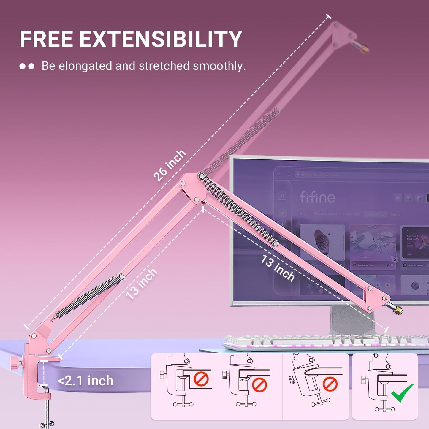 FIFINE Boom Arm Mic Stand, Microphone Arm with Desk Mount for Podcast Streaming Gaming Home Studio, Metal Suspension Scissor Boom Mic Stand-CS1 Pink