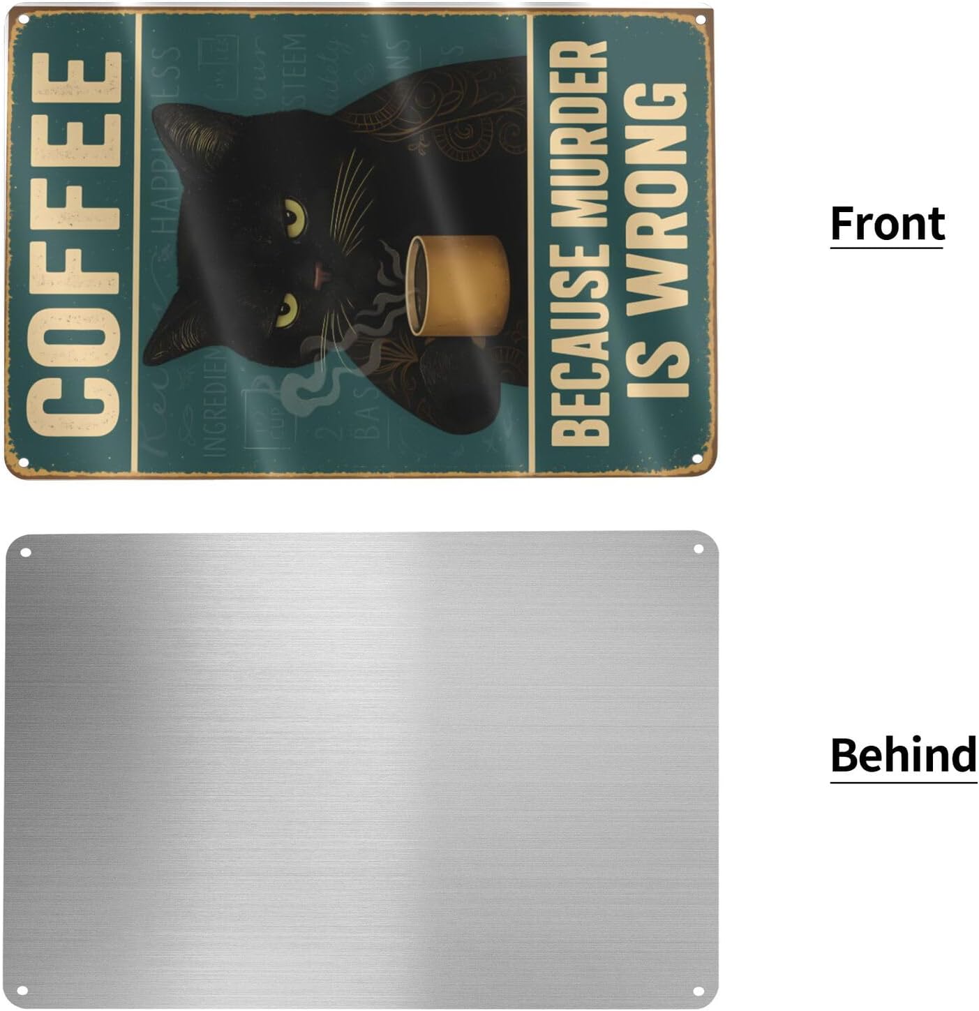 Funny Cat Coffee Metal Sign - "Because Murder Is Wrong" Retro Tin Wall Decor for Kitchen, Bar, or Café - Vintage Style 8x12 Inch
