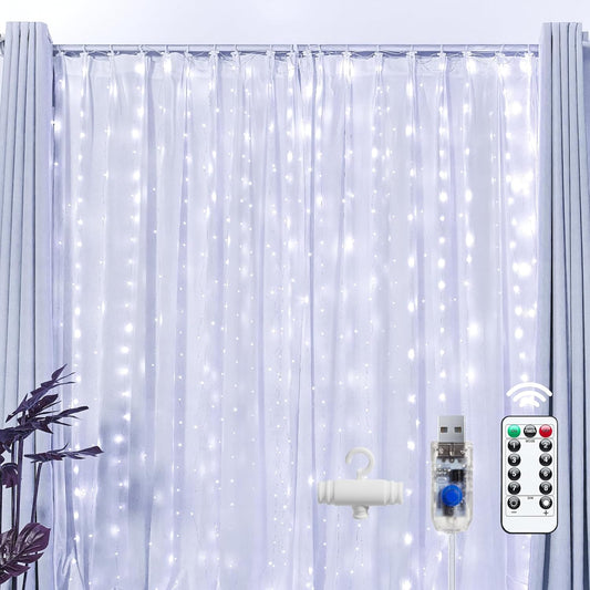 Brightown 300 LED Fairy Curtain Lights, 9.8ft x 9.8ft White Curtain String Lights, Winter Wonderland Decorations, USB Plug 8 Modes LED Christmas String Hanging Lights with Remote for Indoor Outdoor
