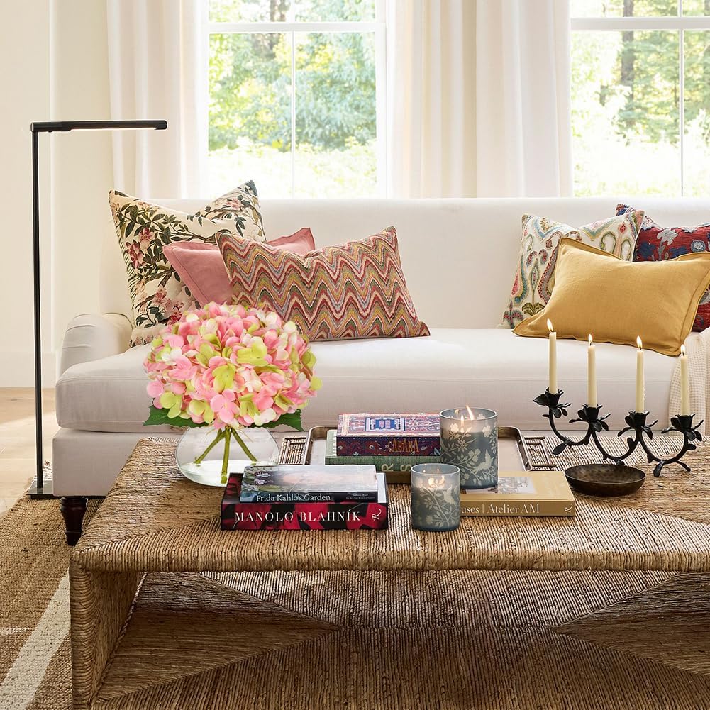 Hollyone Hydrangea Artificial Flowers with Glass Vase Pink-Green Silk Faux Flowers Arrangements in Vase with Faux Water Fake Floral Bulk Bouquet for Home Decor Table Centerpiece Decorations