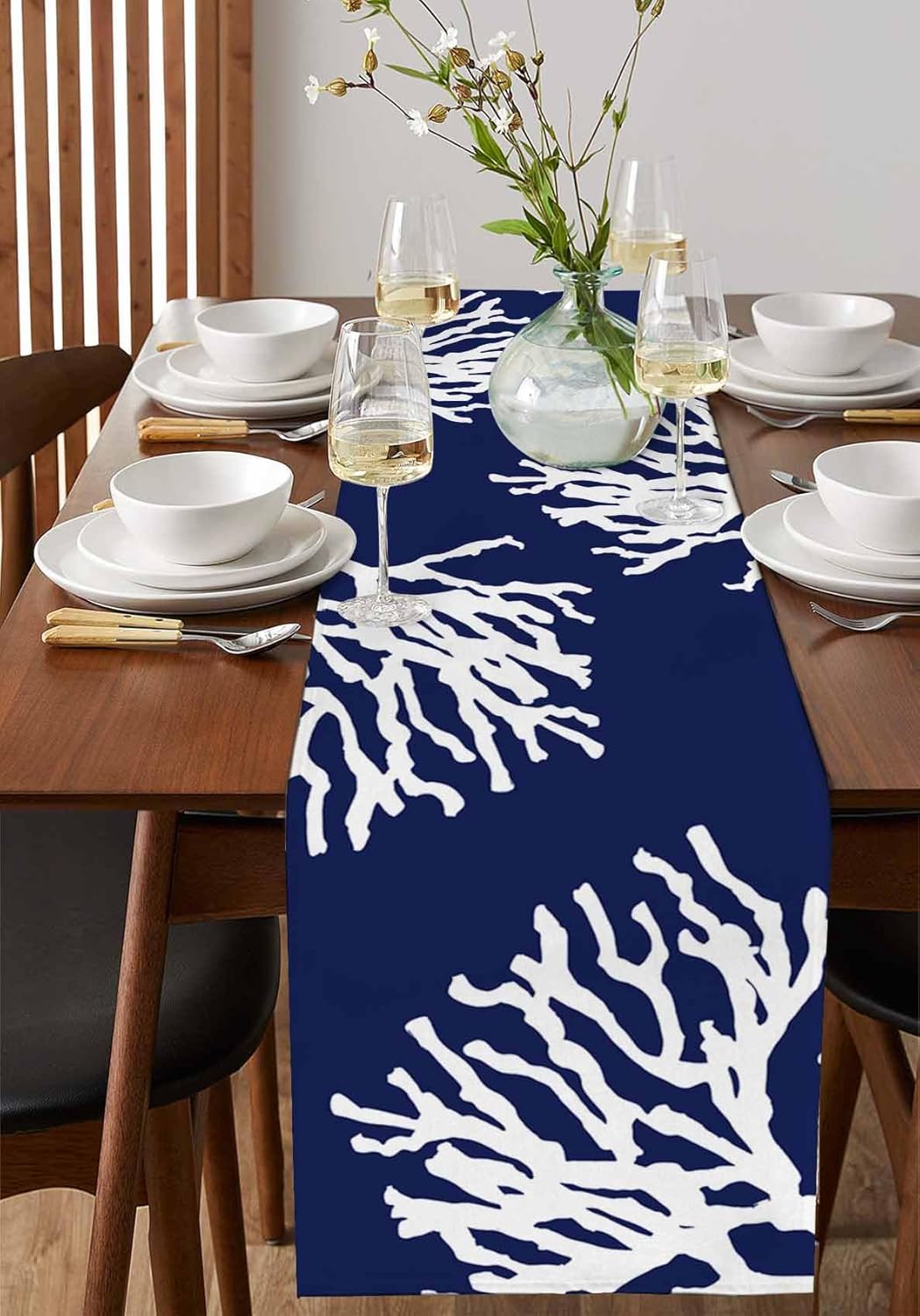 Coastal Coral Cotton Linen Table Runner for Dining Kitchen, Wedding Outdoor Party Tablerunners Decoration, Navy Blue Nautical Ocean Beach Dresser Scarf Coffee Tablecloth Runners 13x90 Inches