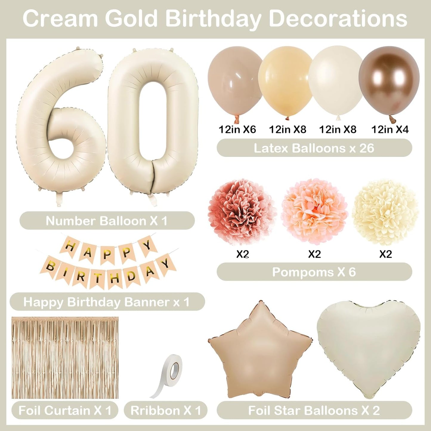 Beige 60th Birthday Decorations for Women Cream Number 60 Balloon Nude Gold Happy Birthday Banner Fringe Curtain Paper Pom Poms Blush White Sand Champagne Star Foil Balloons Neutral Boho Party Decor