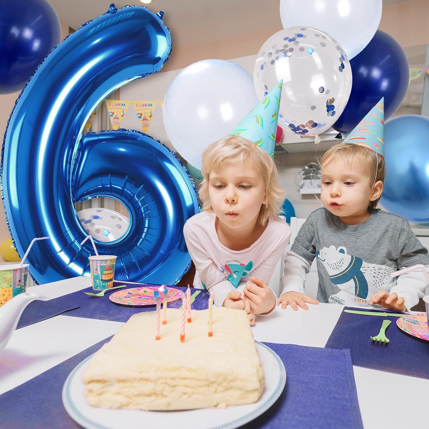 6th Birthday Balloon - Metallic Dark Blue & Navy Blue 40 Inch Self Inflating Number 6 Mylar Balloon with Silver Confetti for Boys & Girls Birthday Party Decorations