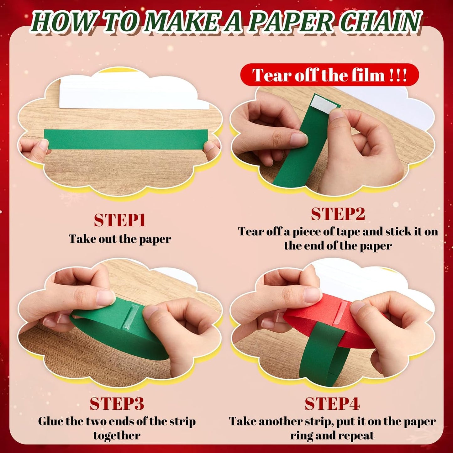 Lincia 600 Sheet Halloween Paper Chain Garland, Construction DIY Crafts Chain Strip for Fall Thanksgiving Party Decor, 1x8 Inch with Double Sided Tape (Christmas)