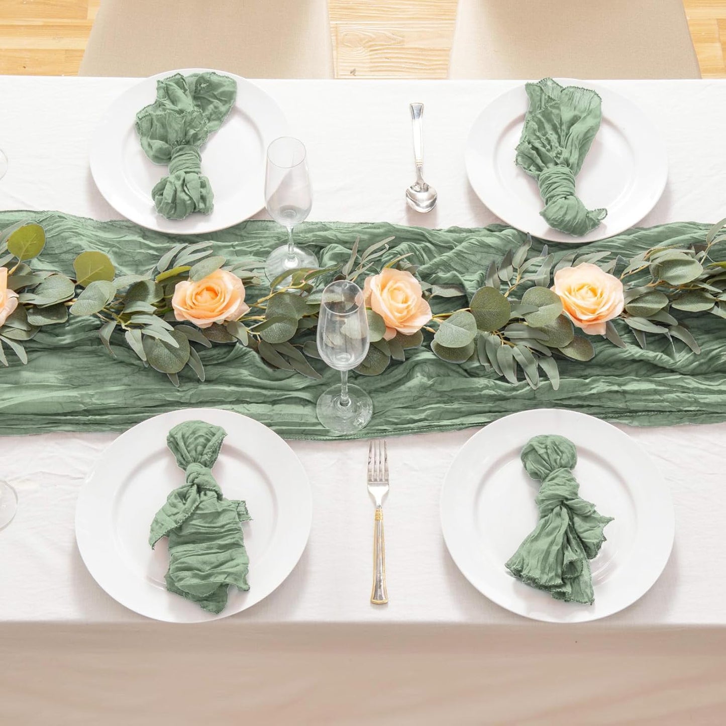 8 Pack 10Ft Sage Green Cheesecloth Table Runner 35x120 inch Boho Gauze Cheese ClothsTable Runners Long Wrinkled Sheer Romantic Table Runner for Wedding Bridal Shower Birthday Party Table Decor