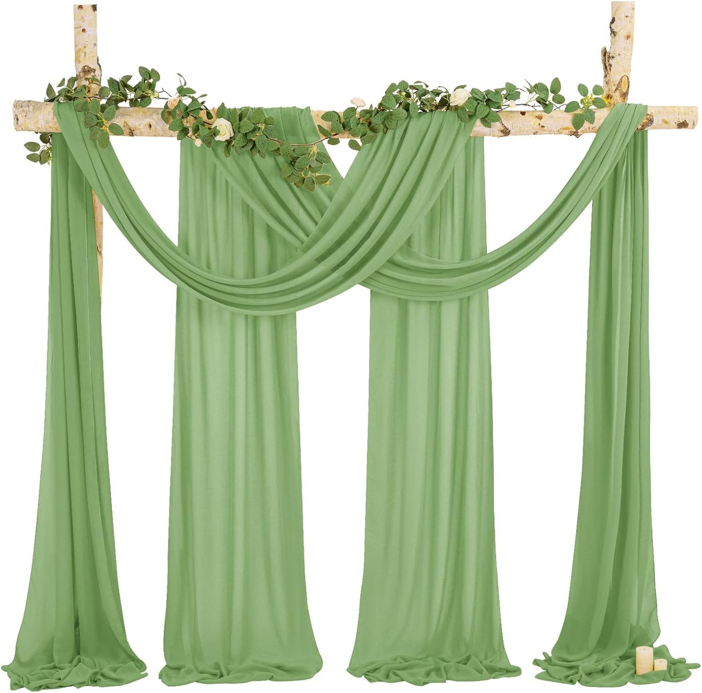 Wedding Arch Drapes, 4 Panels 28" x 20ft Sage Green Sheer Chiffon Curtains for Wedding Ceremony & Reception Party Decoration