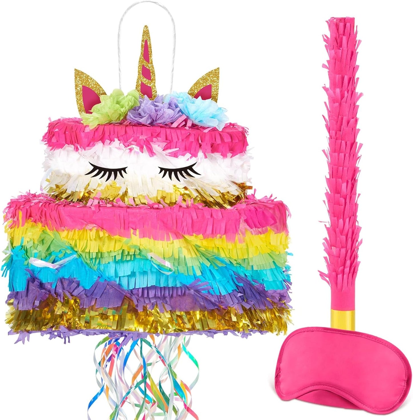 WERNNSAI Unicorn Cake Piñata Foldable - Unicorn Party Decorations Pink Girl Birthday Party Games Princess Pinata with Blindfold Bat and Tassels Happy Birthday Supplies for Kids Girls Classroom Game