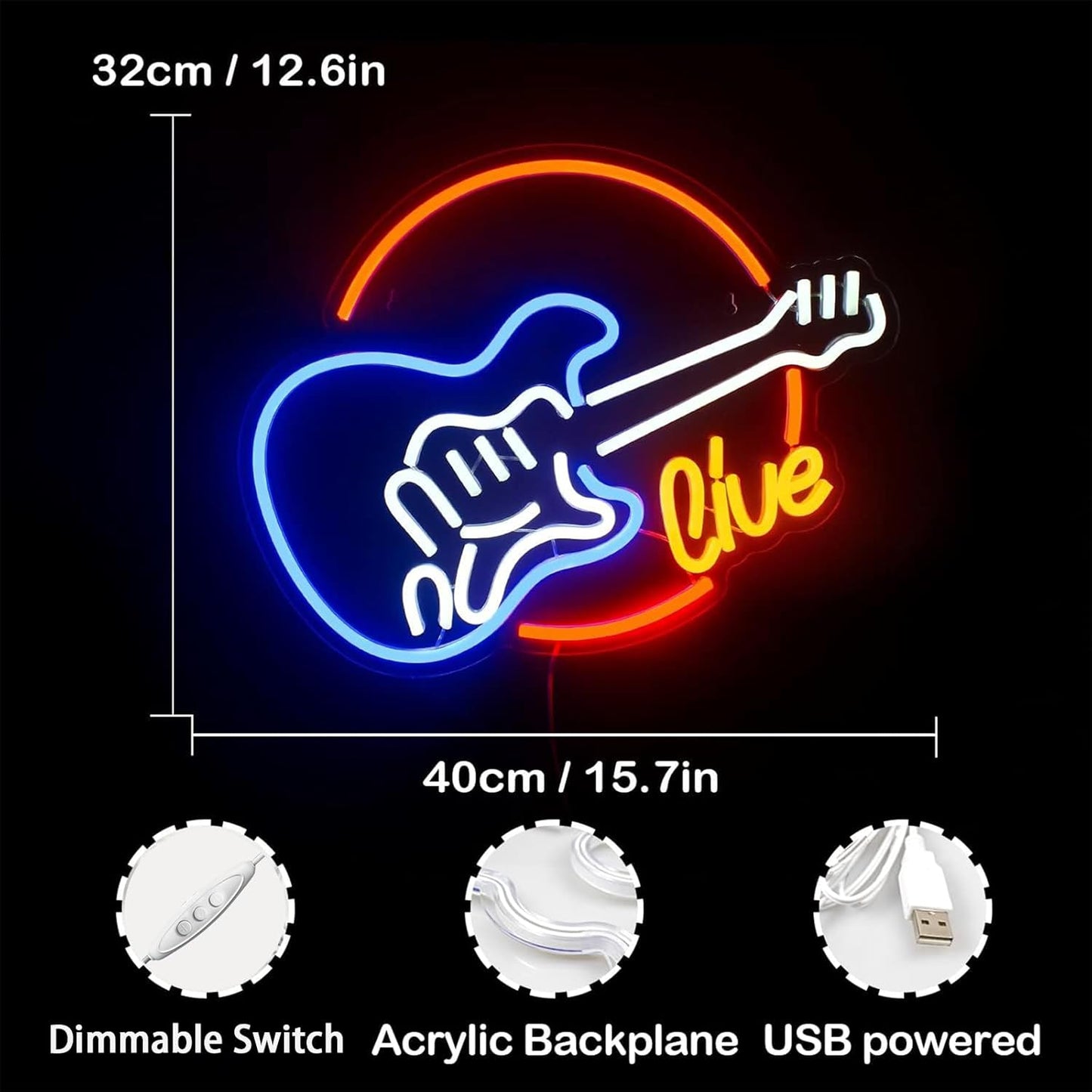 Wanxing Live Music Neon Signs Guitar Shape LED Signs Game Art LED Neon Signs for Wall Decor Studio Neon Light Signs USB Powered Switch Lights Up Sign for Party Lover Girl Boy(Colorful Guitar Live)