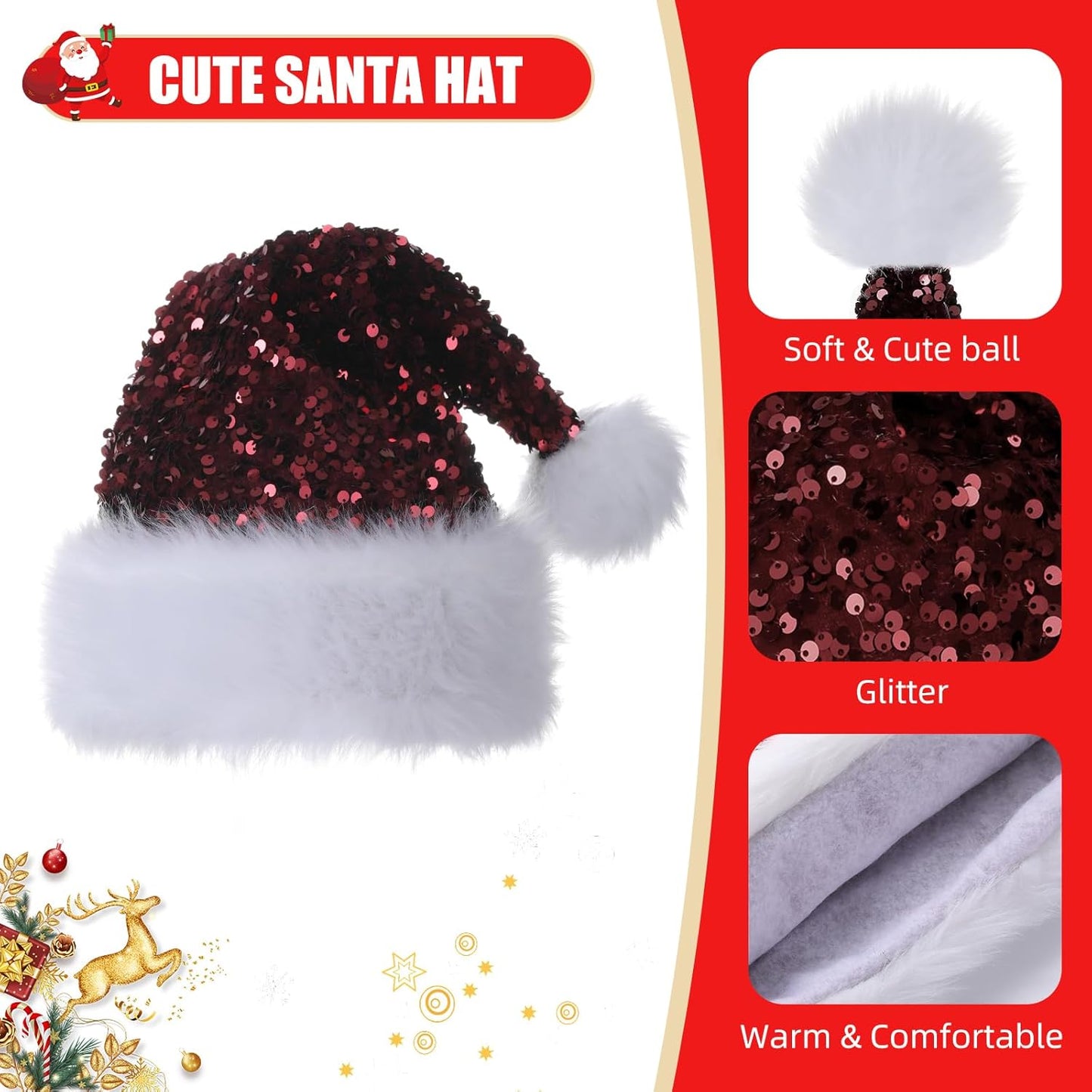Personalized Sequin Santa Hat for Adults, Red Glitter Christmas Party Hat, Xmas Halloween New Year Holiday Headwear