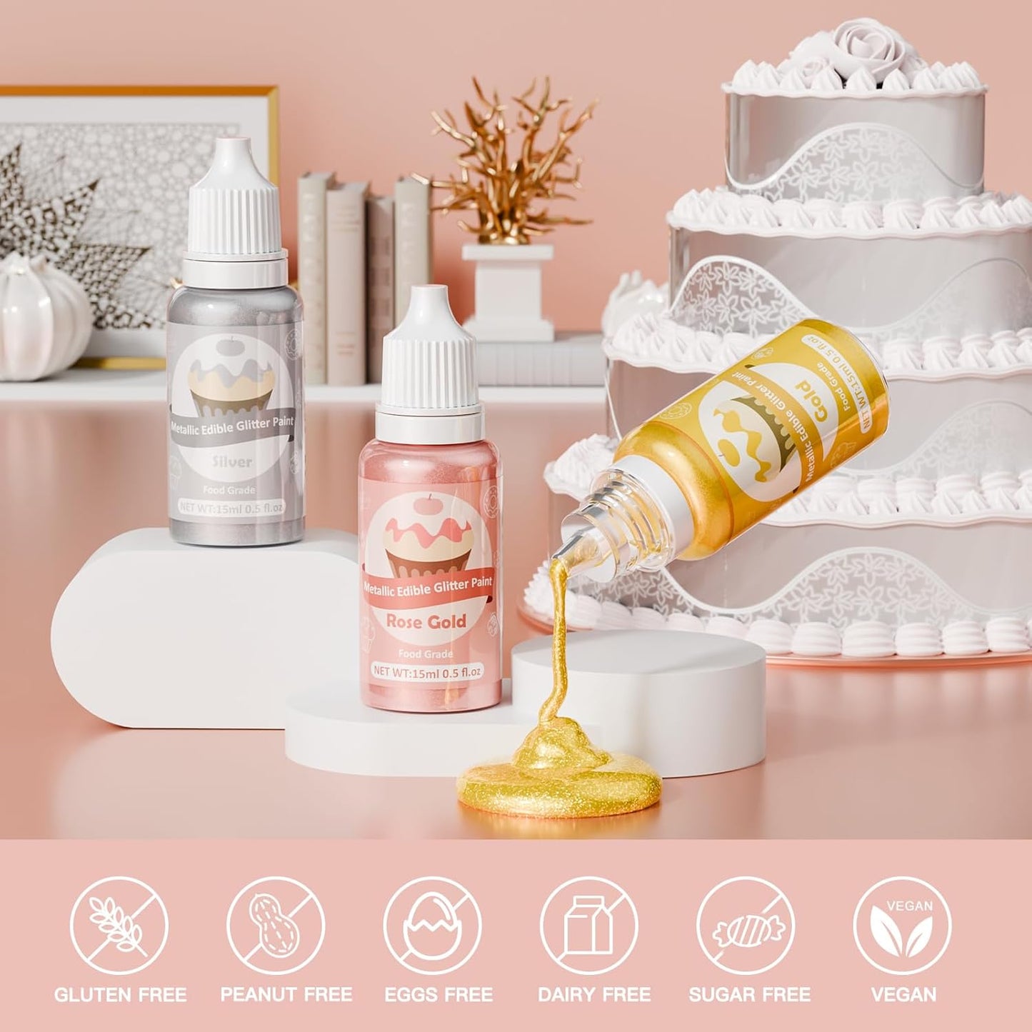 Edible Glitter Paint - 3 Colors Glitter Decorative Cake Paint Metallic Glitter, Food Grade Paint Edible Paint for Cake Decorating, Baking, Candy, Cookie, Chocolate -0.5 fl.oz(15ml)/Bottle (Gold, 3 color)