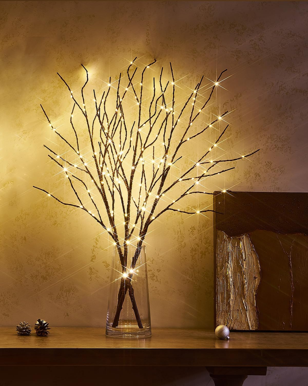 Birchlitland Lighted Branches for Vase 32in Tall 150 LED Plug in, Brown Artificial Willow Lights with Timer Home Christmas Party Mantle Decor
