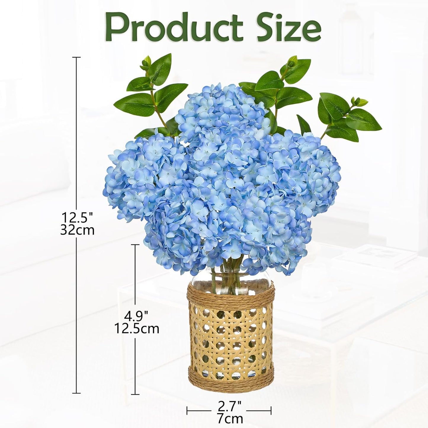 Hollyone Blue Hydrangea Artificial Flowers in Woven Glass Vase with Faux Water Silk Hydrangeas Fake Flowers Floral Arrangement for Home Indoor Bathroom Kitchen Office Table Centerpiece Shelf Decor