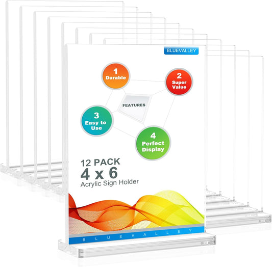 BlueValley 4x6 Acrylic Sign Holder, 12 Pack Plexiglass Picture Frame Double Sided Clear Display, Tabletop Menu Sign Holders Vertical Plastic Paper Sign Stand for Office Desktop, Restaurant, Store, Fair & Events