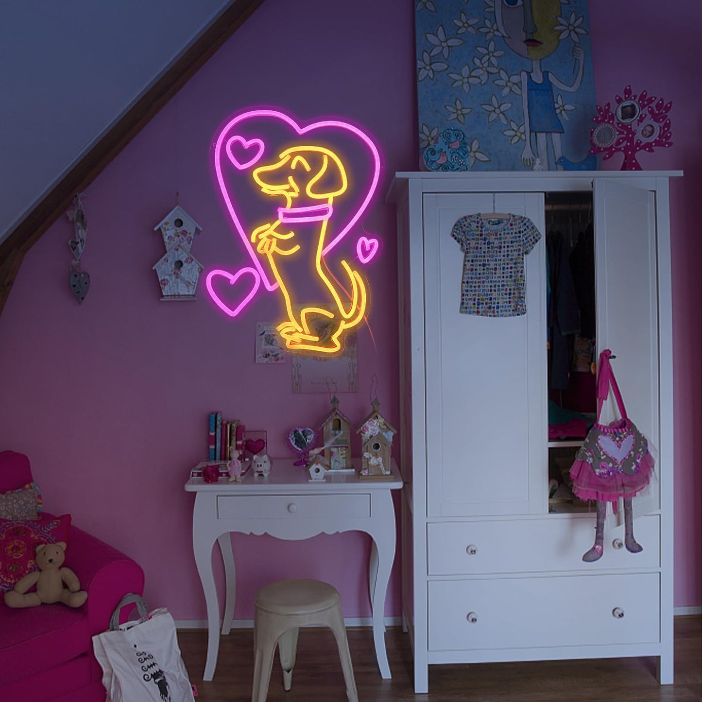Love Dog Neon Sign USB Powered Pink Love Neon Light for Wall Decor Dimmable LED Cute Puppy Light Up Sign for Pet Shop Bedroom Animal Party Neon Decor Gift for Boys Girls(16.7 * 12.8In)