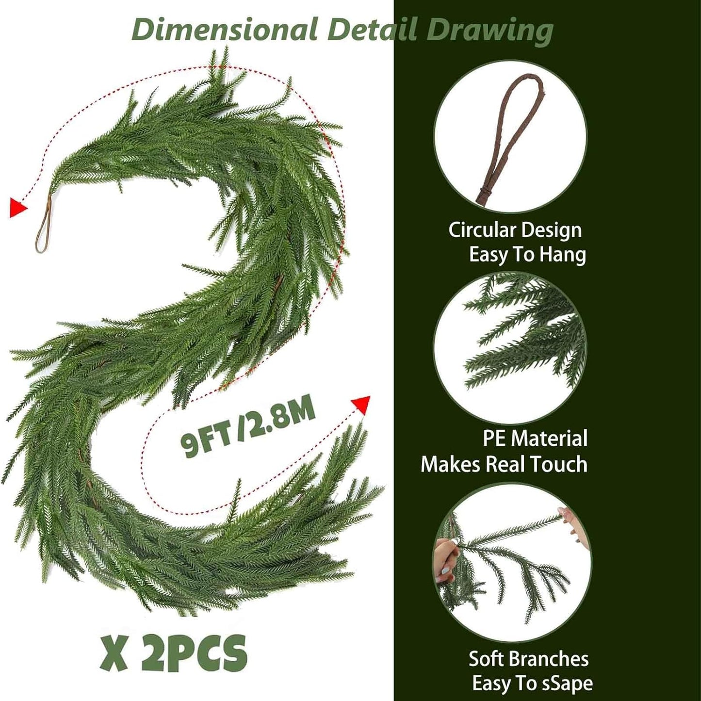9FT Artificial Norfolk Pine Garlands for Christmas Decorations,Real Touch Winter Faux Greenery Garlands for Mantel Table Stair Fireplace Wall Holiday Indoor Outdoor Decor(2 Pack)
