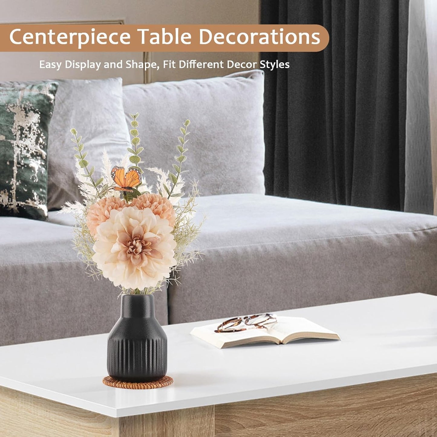 Small Fake Flowers in Vase 14" Centerpiece Table Decorations Silk Flowers Arrangements Ceramic Vase Dahlia Chrysanthemum Artificial Flowers Bouquet for Bathroom Dining Room Kitchen Wedding (Black)