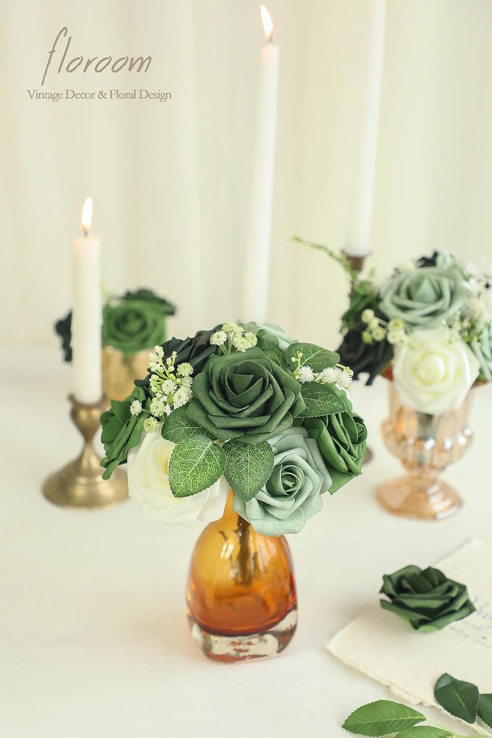 Floroom Artificial Flowers 25pcs Real Looking Elf Green Foam Fake Roses with Stems for DIY Wedding Bouquets Bridal Shower Centerpieces Sage Green Floral Arrangements Home Decorations