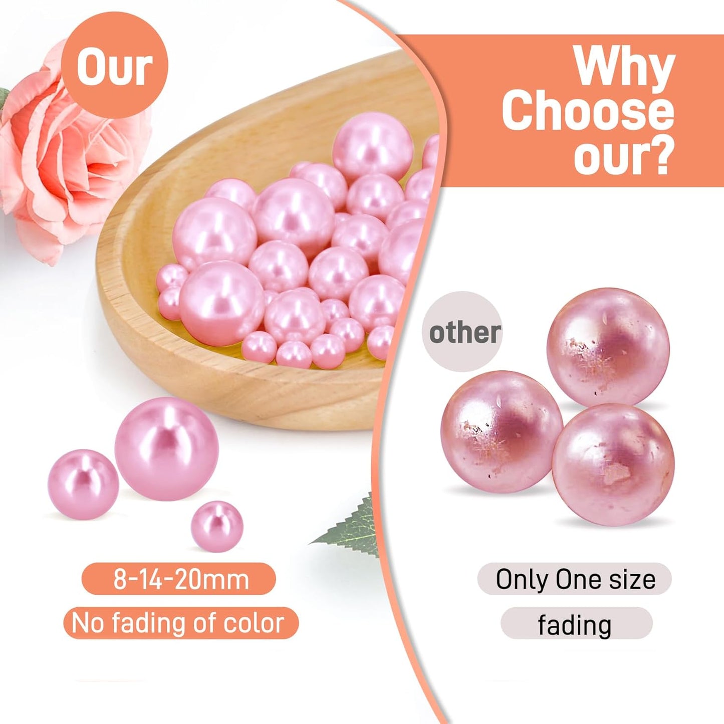 180PCS Pink Beads for Centerpieces Vases, No Hole Polished Pearl Makeup Beads Mixed 8/14/20mm Sizes, Pearl Vase Fillers Table Scatters for Party Wedding Decor