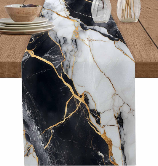 Black White Marble Cotton Linen Table Runner for Dining Kitchen, Wedding Outdoor Party Tablerunners Decoration, Nature Marble Crack Modern Art Dresser Scarf Coffee Tablecloth Runners 13x60 Inches